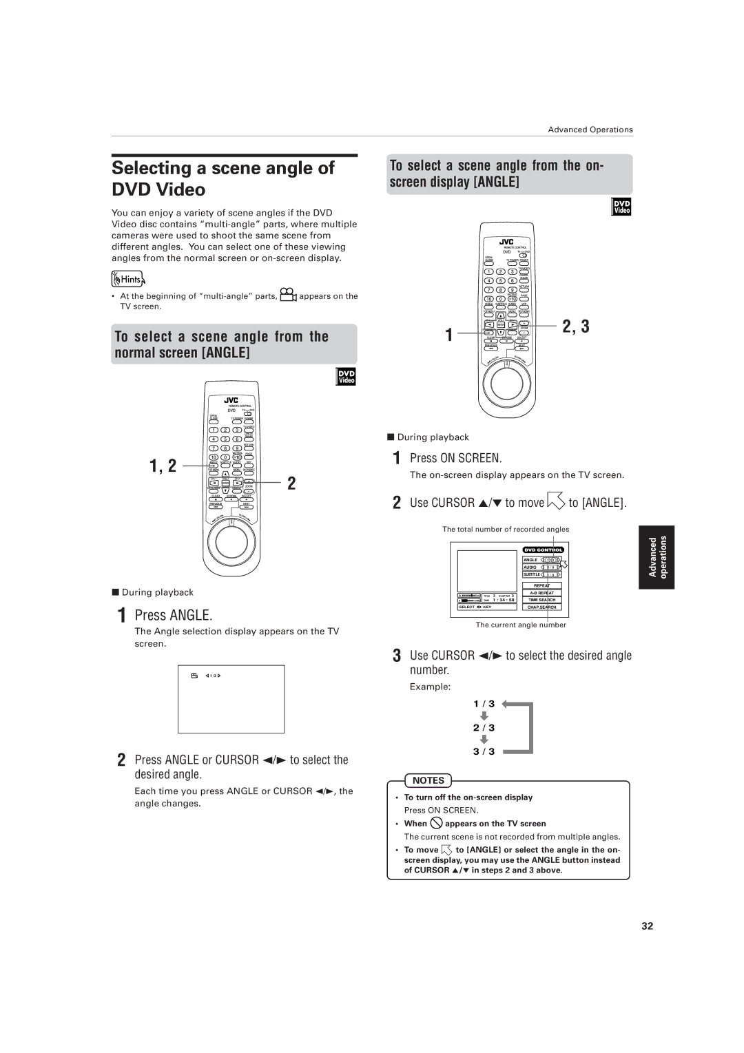 JVC XV-D721BK Selecting a scene angle of DVD Video, To select a scene angle from the normal screen Angle, Press Angle 