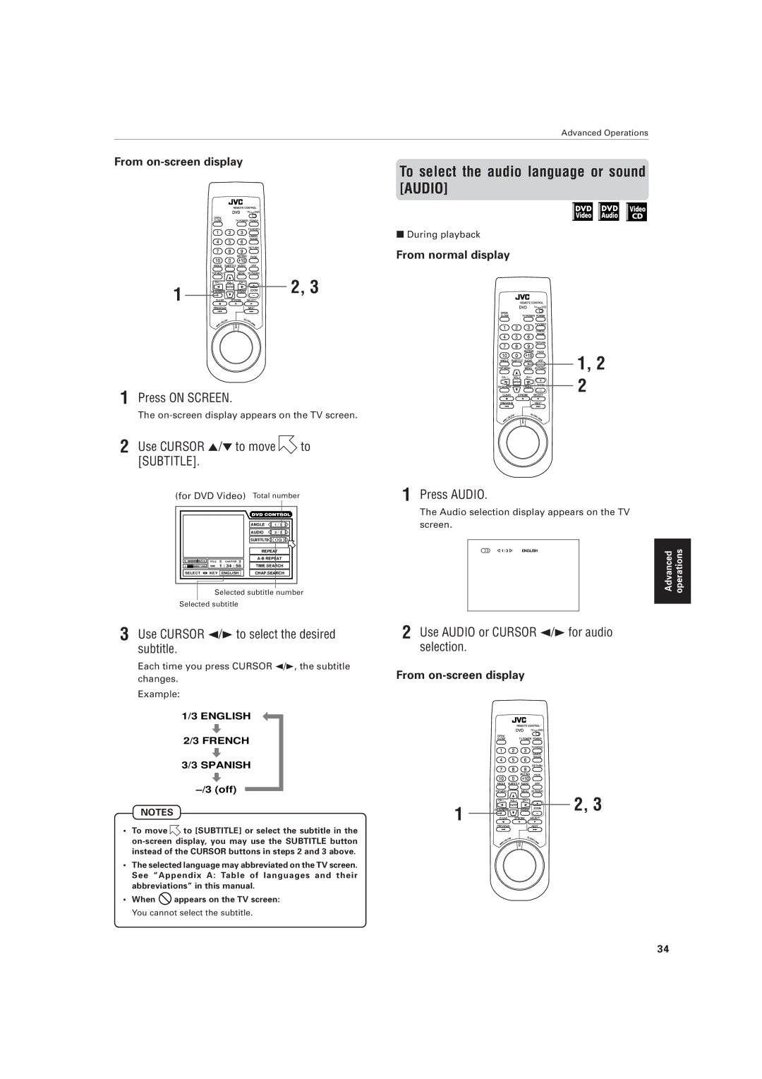JVC XV-D721BK manual To select the audio language or sound Audio, Use Cursor 2/3 to select the desired subtitle 