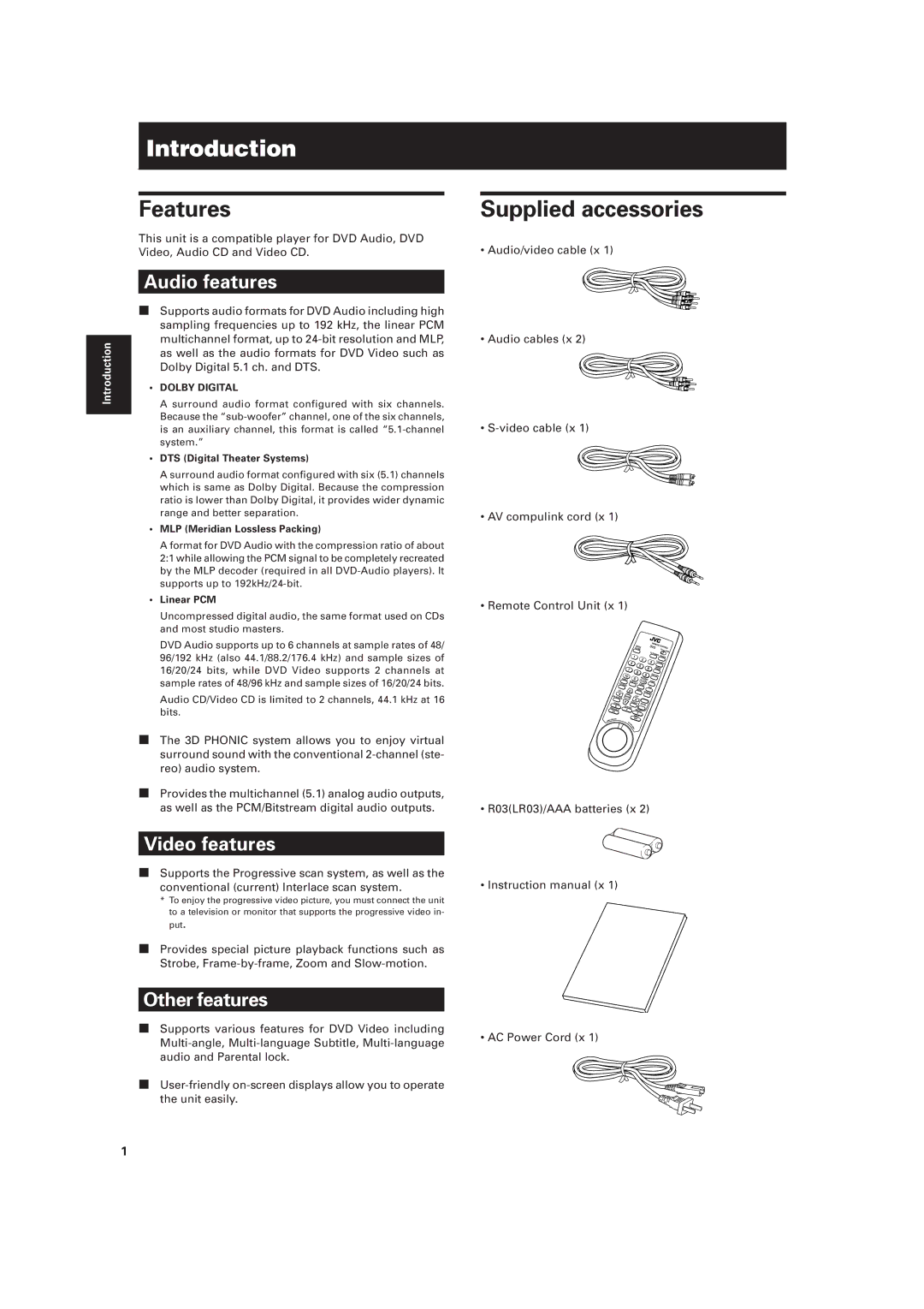 JVC XV-D721BK manual Introduction, Features, DTS Digital Theater Systems, MLP Meridian Lossless Packing, Linear PCM 