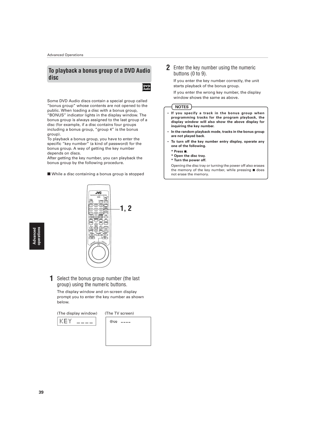 JVC XV-D721BK manual To playback a bonus group of a DVD Audio disc, Enter the key number using the numeric buttons 0 to 