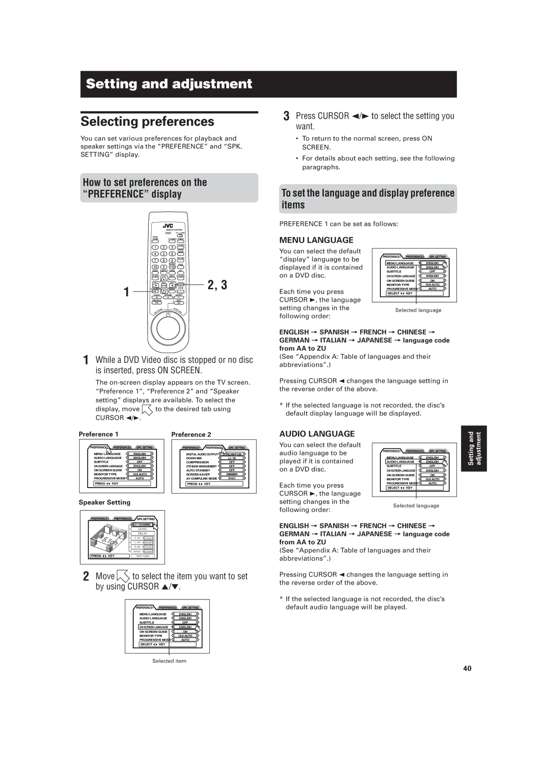 JVC XV-D721BK manual Setting and adjustment, Selecting preferences, To set the language and display preference items 