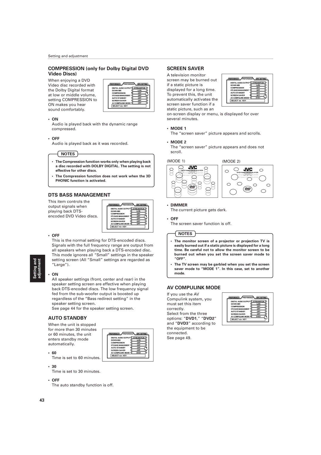 JVC XV-D721BK manual Compression only for Dolby Digital DVD Video Discs 