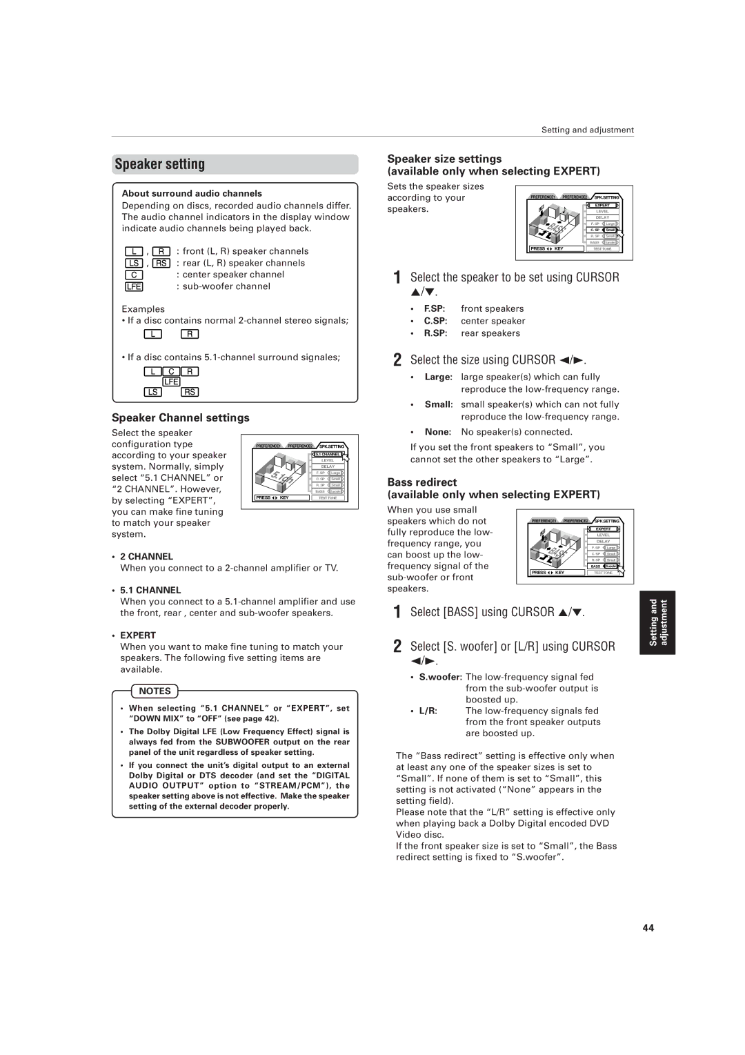 JVC XV-D721BK manual Speaker setting, Select the speaker to be set using Cursor, Select the size using Cursor 2/3 