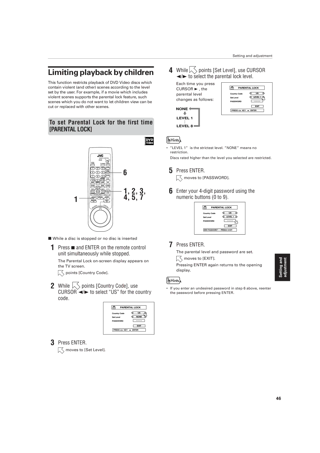 JVC XV-D721BK manual Limiting playback by children, To set Parental Lock for the first time 