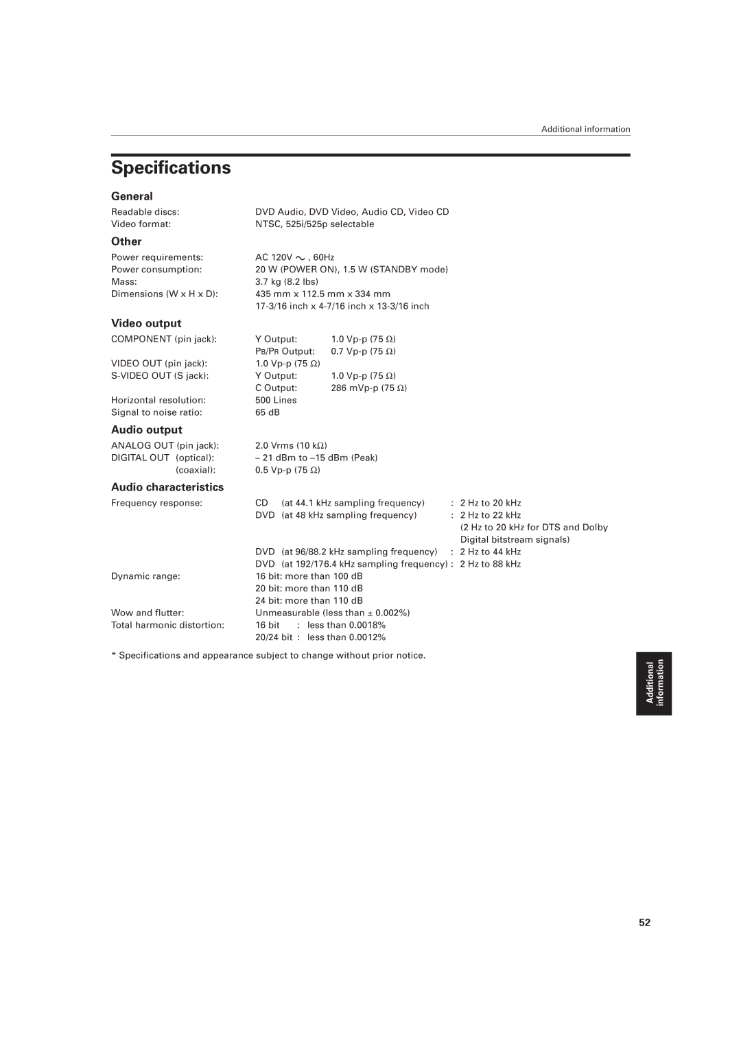 JVC XV-D721BK manual Specifications 