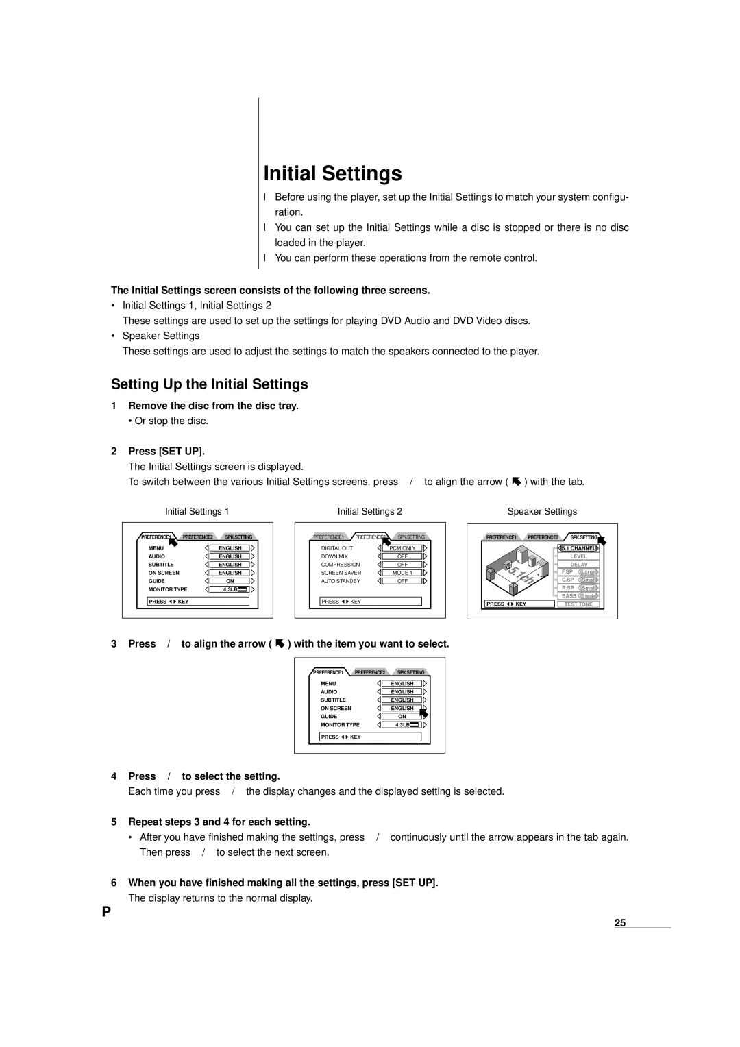 JVC XV-D9000 manual Setting Up the Initial Settings 