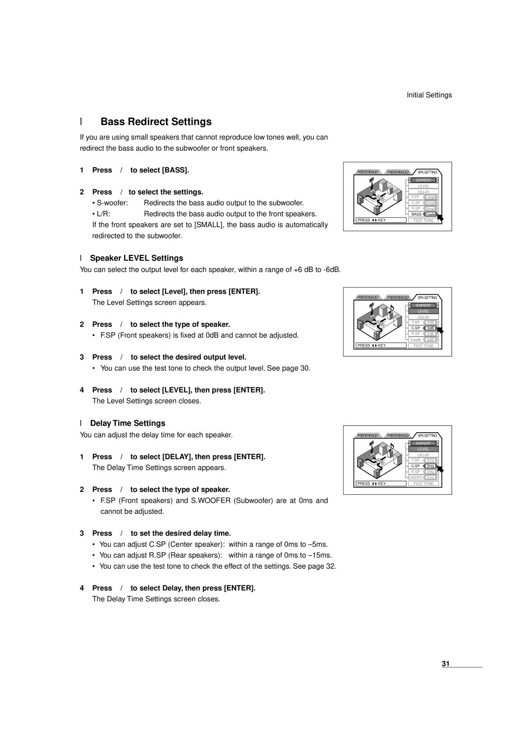 JVC XV-D9000 manual Bass Redirect Settings, Speaker Level Settings, Delay Time Settings 