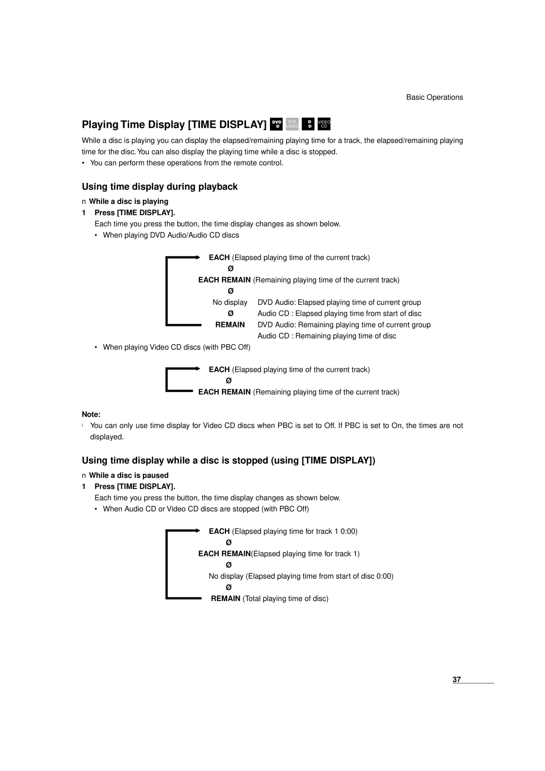 JVC XV-D9000 manual Using time display during playback, While a disc is playing Press Time Display 