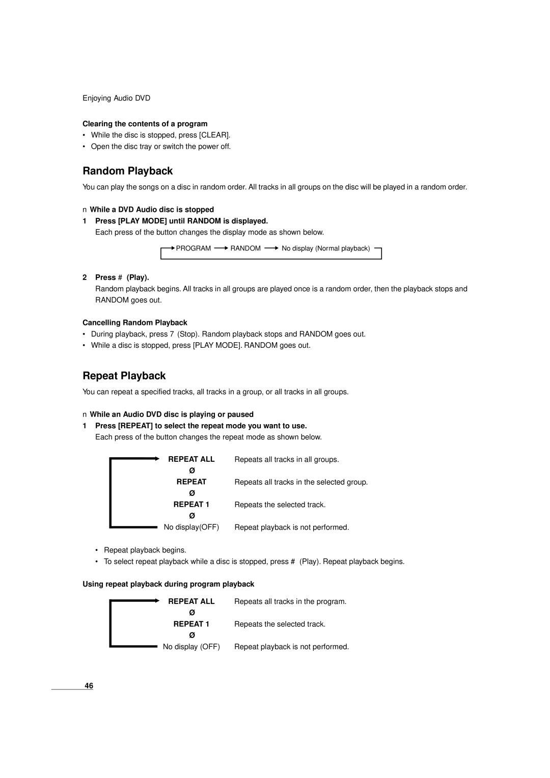 JVC XV-D9000 manual Random Playback, Repeat Playback 