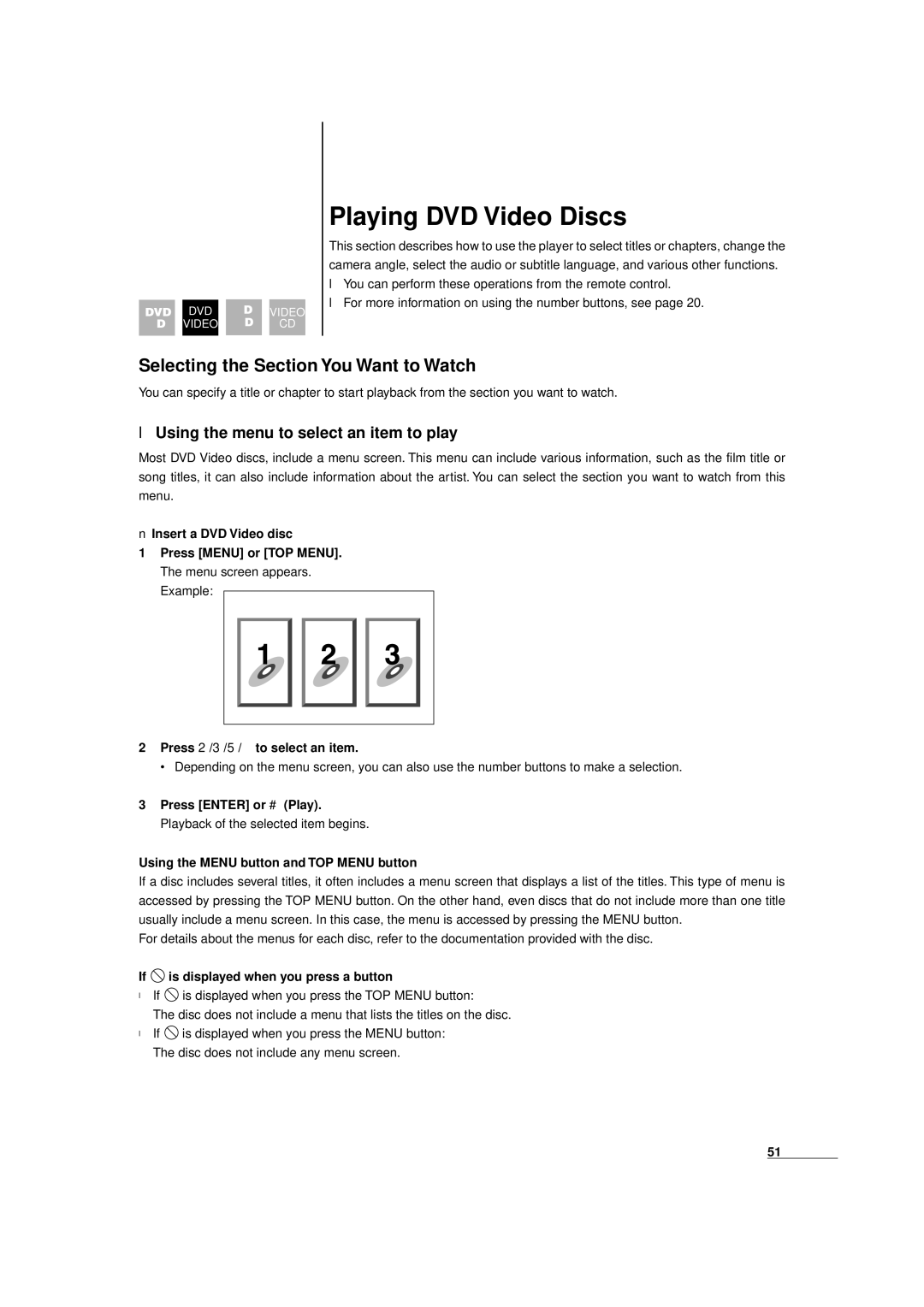 JVC XV-D9000 manual Selecting the Section You Want to Watch, Using the menu to select an item to play 