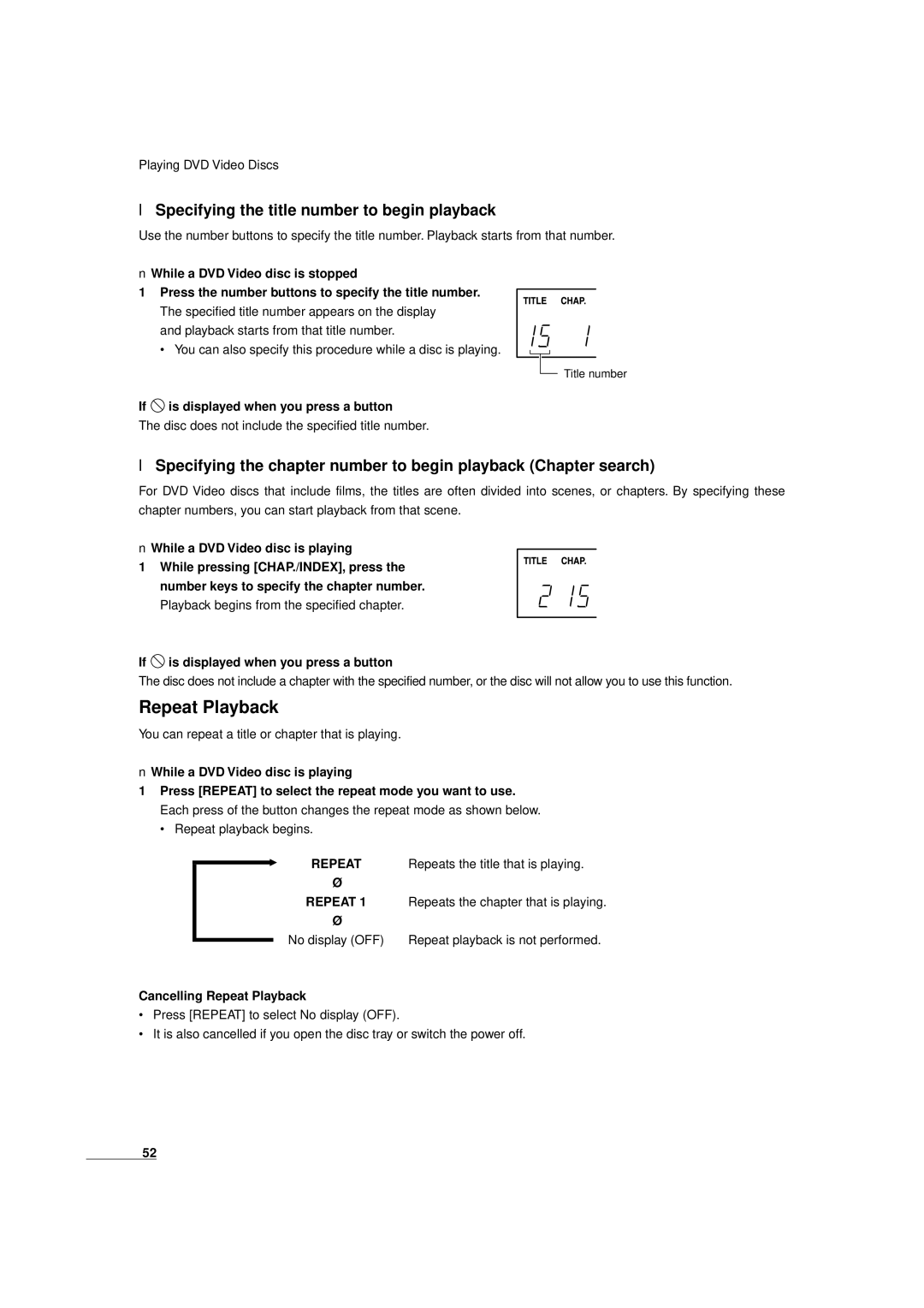 JVC XV-D9000 manual Repeat Playback, Specifying the title number to begin playback 