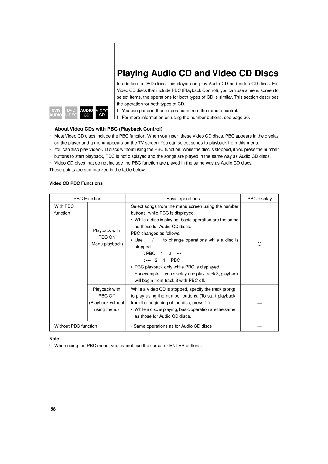 JVC XV-D9000 manual Playing Audio CD and Video CD Discs, About Video CDs with PBC Playback Control, Video CD PBC Functions 