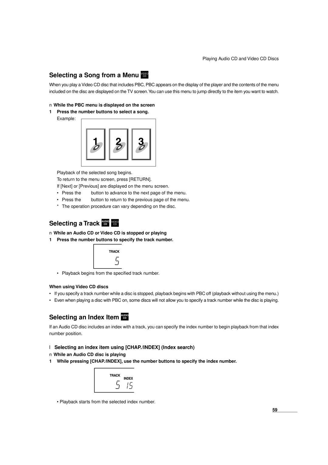 JVC XV-D9000 manual Selecting a Song from a Menu Video, Selecting a Track CD Video, Selecting an Index Item CD 