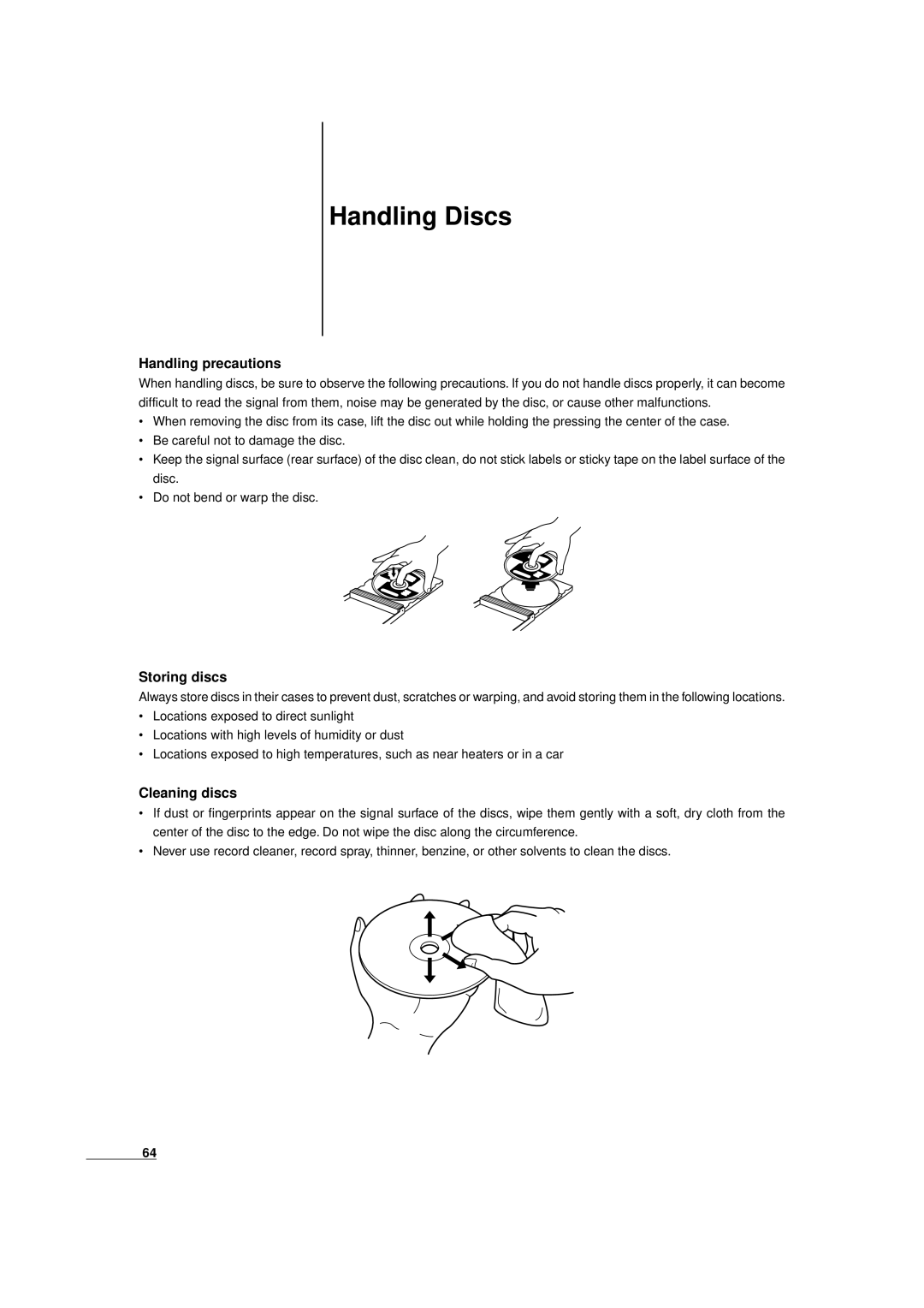 JVC XV-D9000 manual Handling Discs, Handling precautions, Storing discs, Cleaning discs 