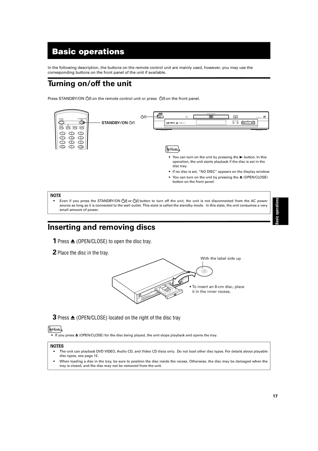 JVC XV-E100SL manual Inserting and removing discs, Operation, Setinthe, Being, Button.Inthis 