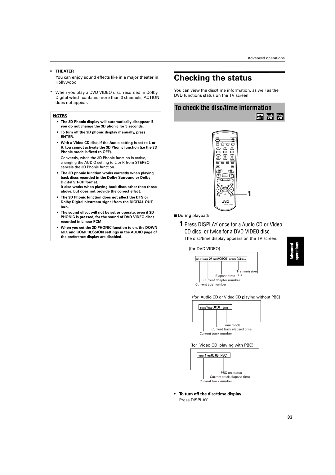 JVC XV-E100SL manual CDThe, To check the disc/time information, Disc/time, Appears, Pr ss Display once for 