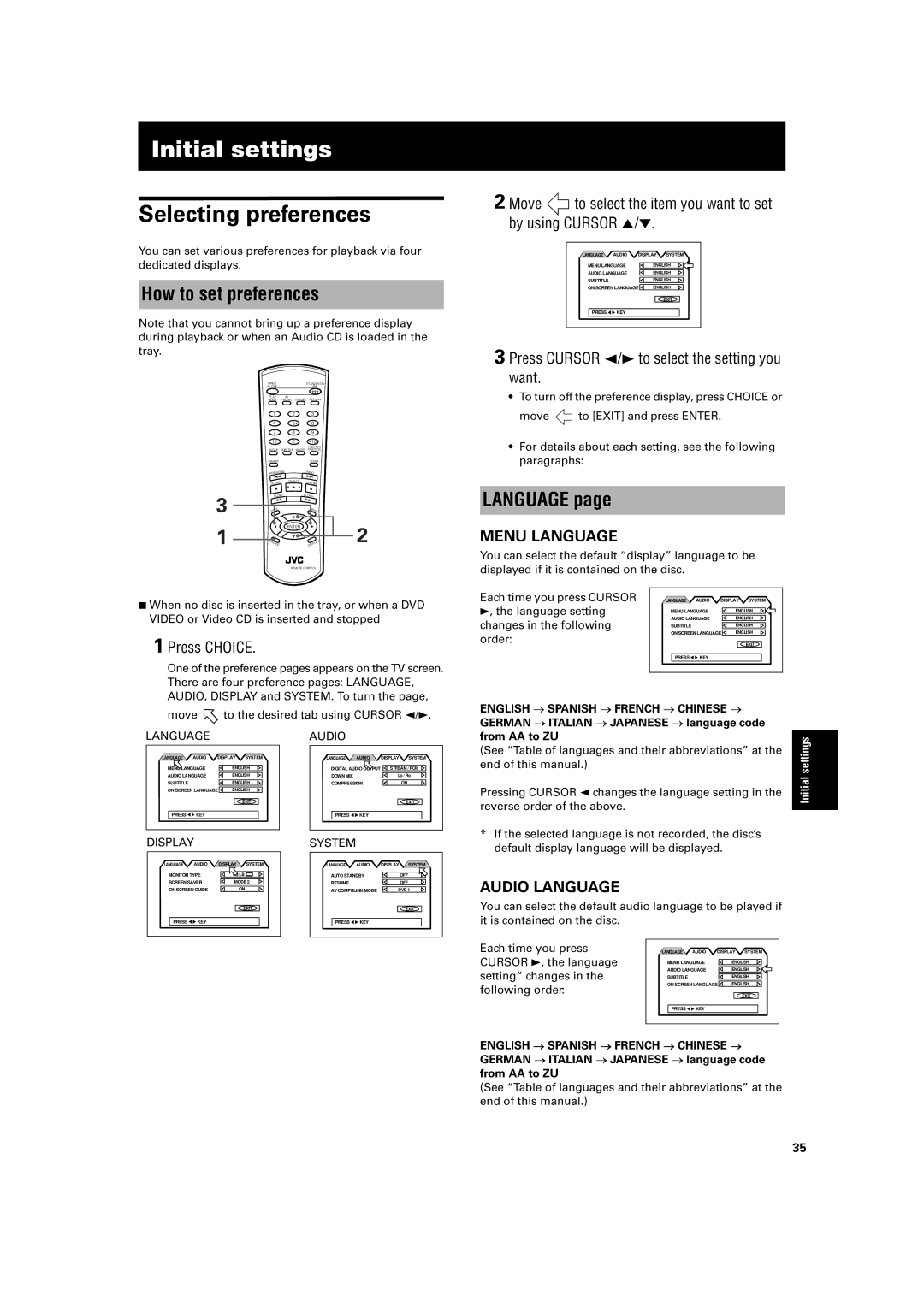 JVC XV-E100SL How to set preferences, Language, Move to select the item you want to set by using Cursor, VIDEOorVideo 