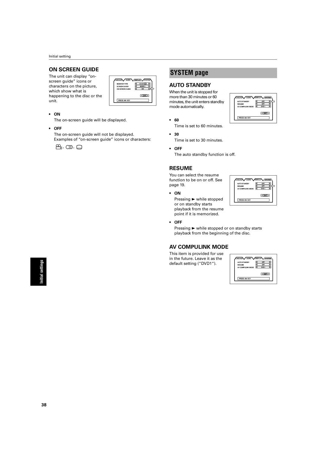 JVC XV-E100SL manual Initialsettings 