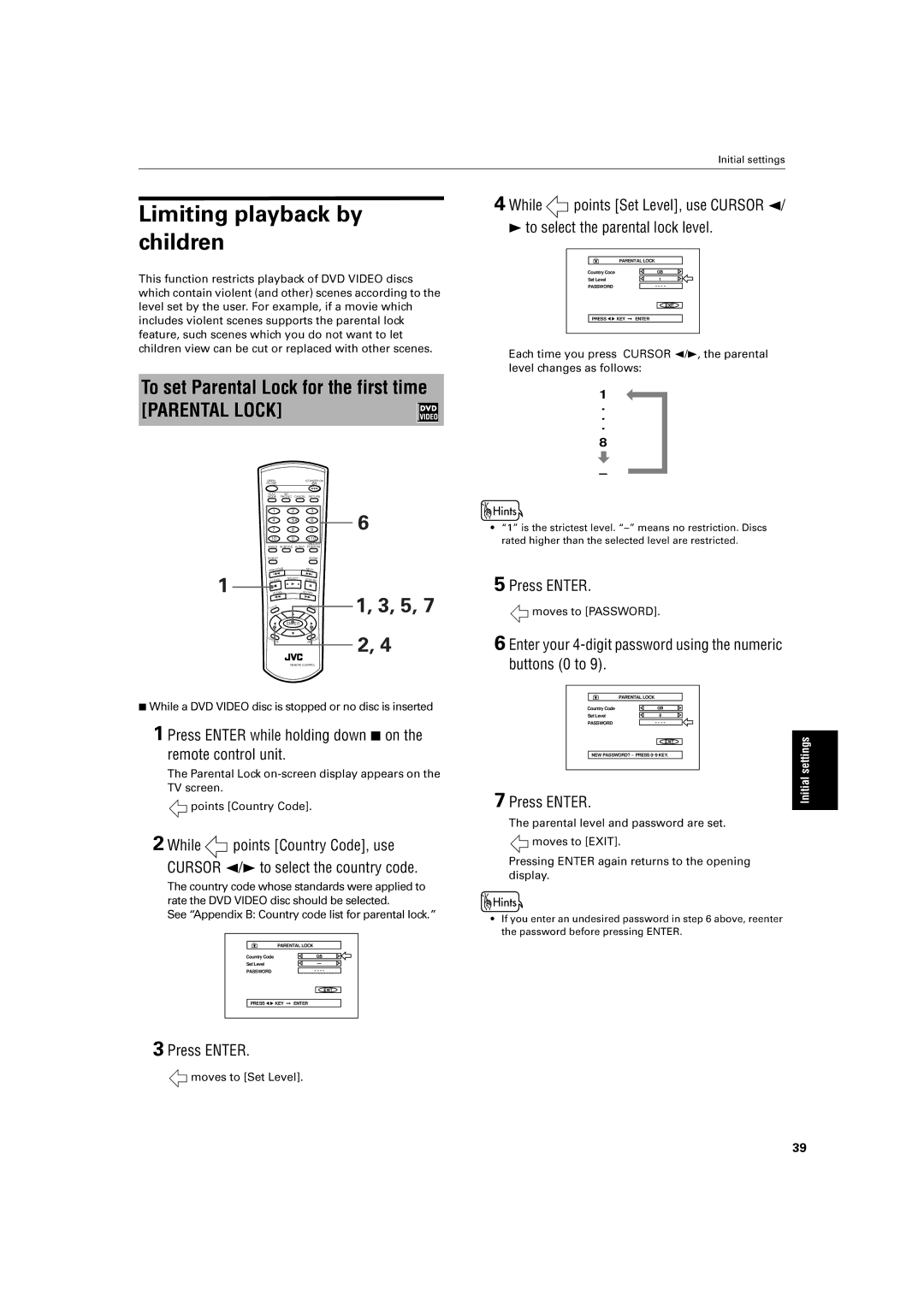 JVC XV-E100SL manual Limiting playback by, To set Parental Lock for the first time 