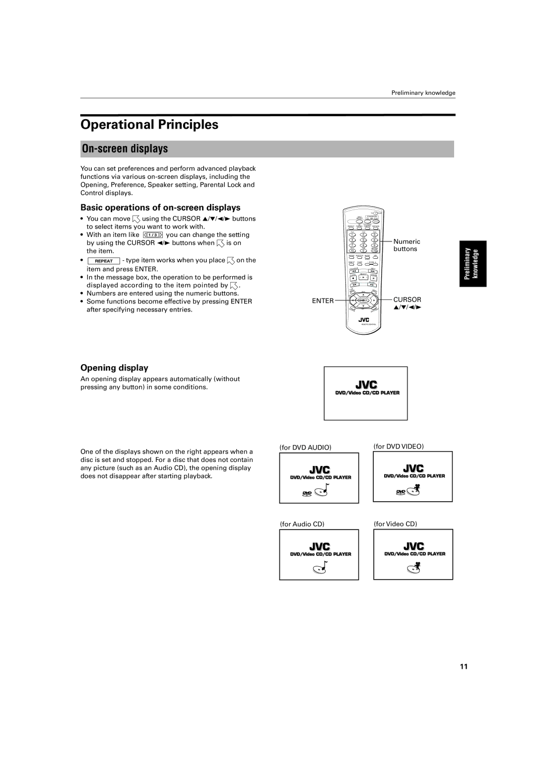 JVC XV-FA92SL manual Operational Principles, On-screen displays, Basic operations of on-screen displays, Opening display 