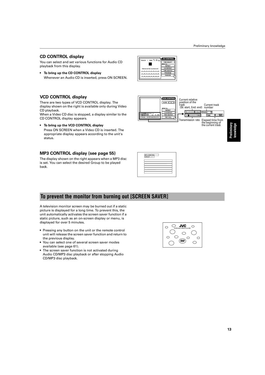 JVC XV-FA92SL manual To prevent the monitor from burning out Screen Saver, VCD Control display, MP3 Control display see 