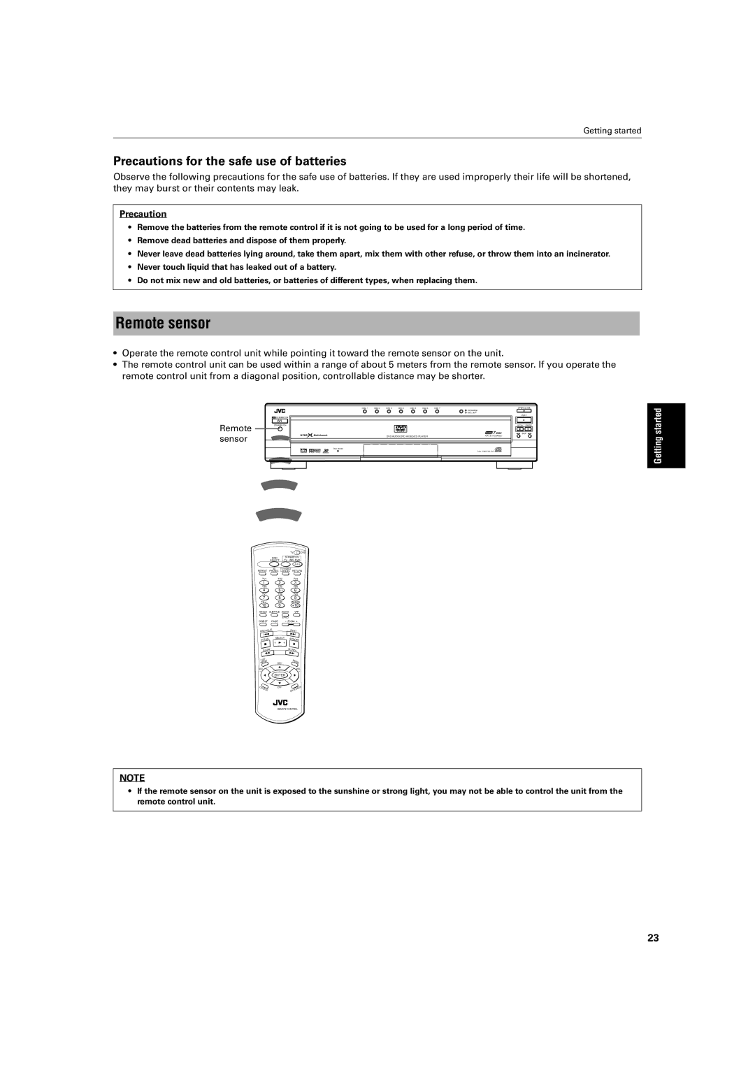 JVC XV-FA92SL, XV-FA90BK manual Remote sensor, Precautions for the safe use of batteries 