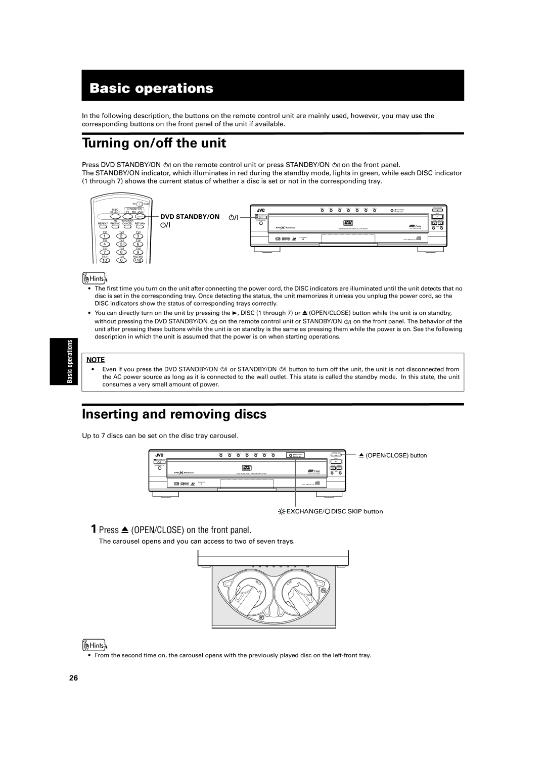 JVC XV-FA90BK, XV-FA92SL manual Basic operations, Turning on/off the unit, Inserting and removing discs 