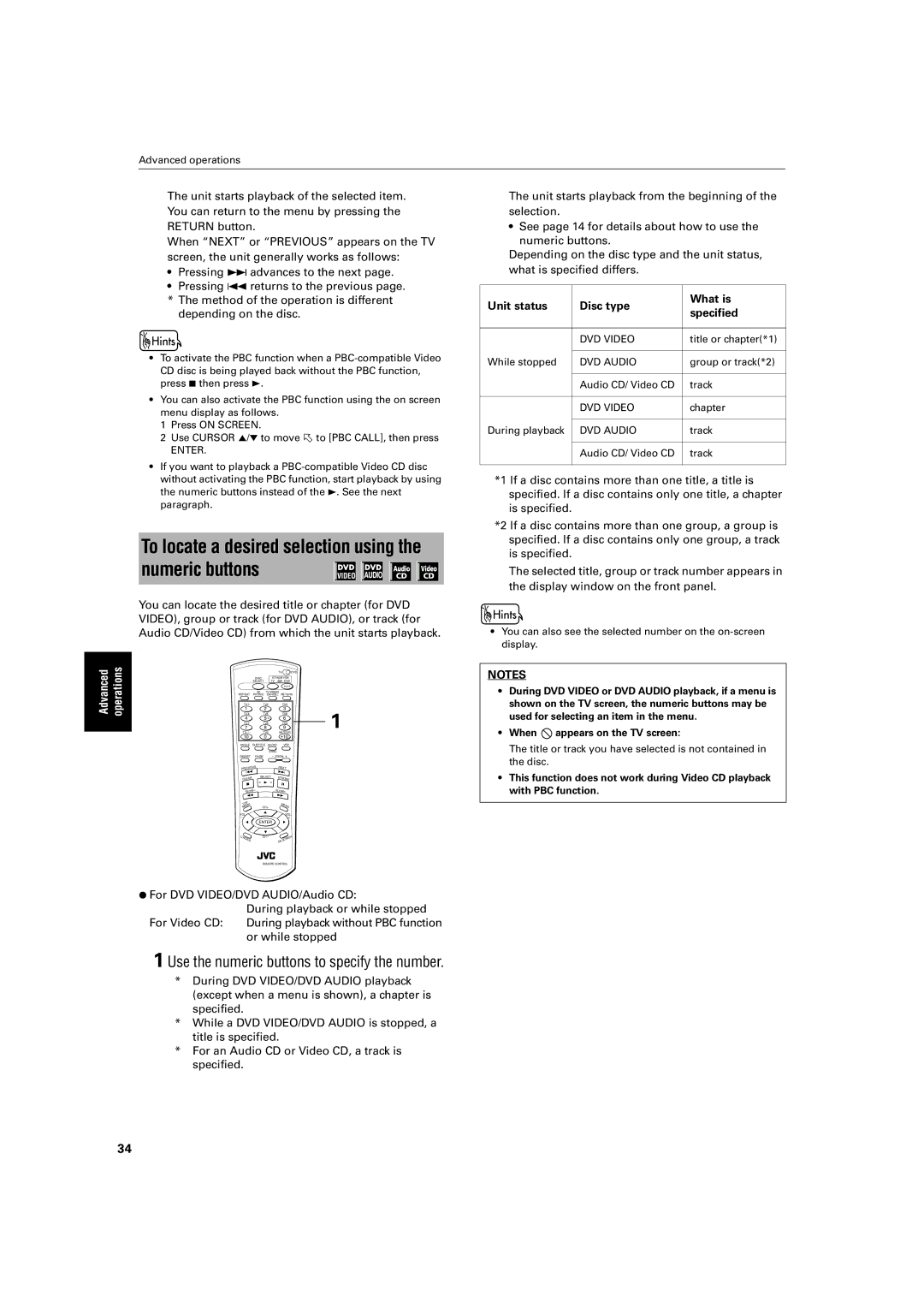 JVC XV-FA90BK, XV-FA92SL Use the numeric buttons to specify the number, For an Audio CD or Video CD, a track is Specified 