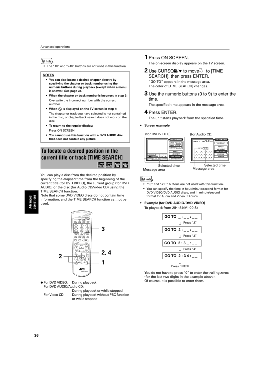 JVC XV-FA90BK Use Cursor 5/∞ to move to Time SEARCH, then press Enter, Use the numeric buttons 0 to 9 to enter the time 