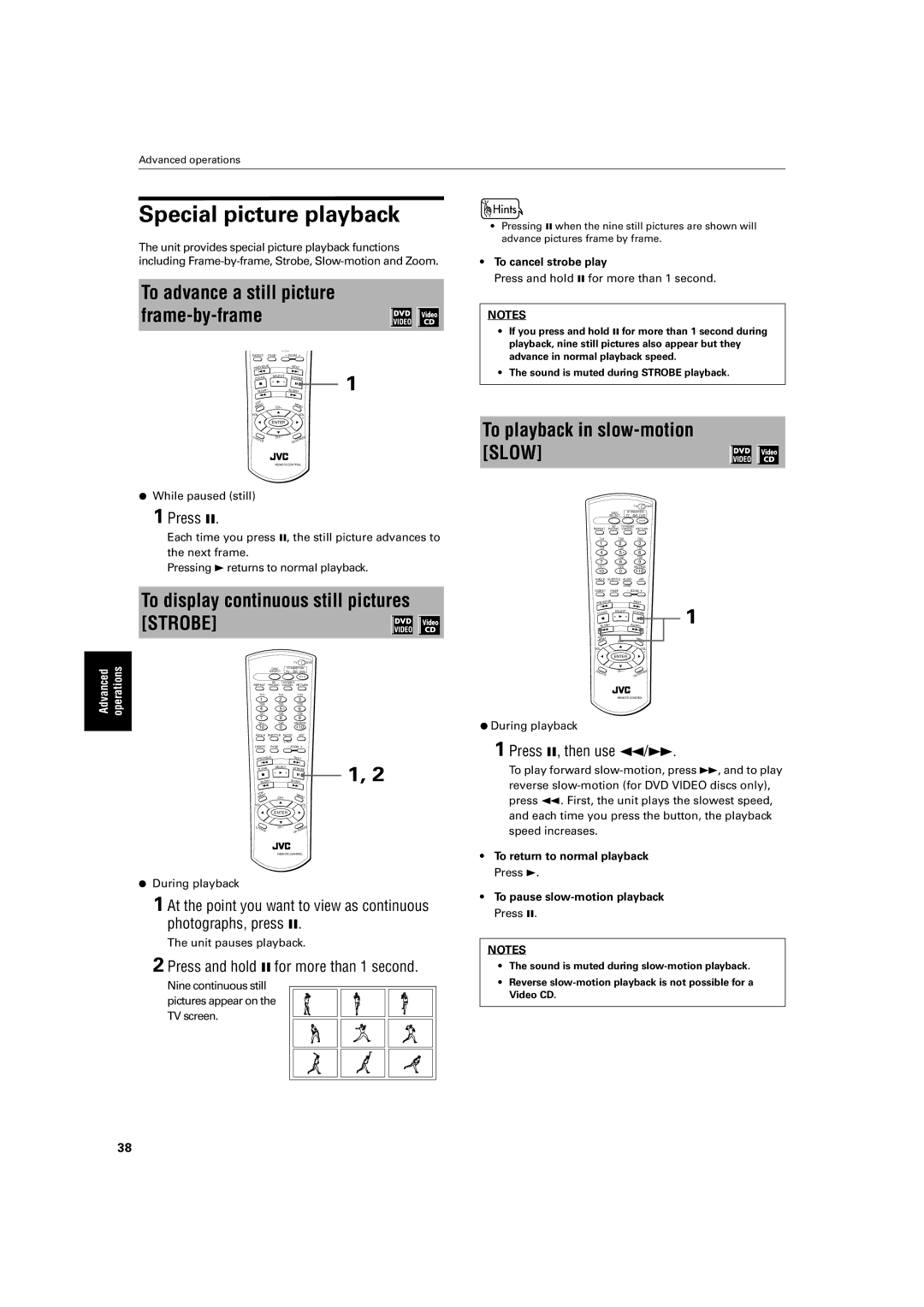 JVC XV-FA90BK, XV-FA92SL manual Special picture playback, To display continuous still pictures Strobe, Press 8, then use 1/¡ 