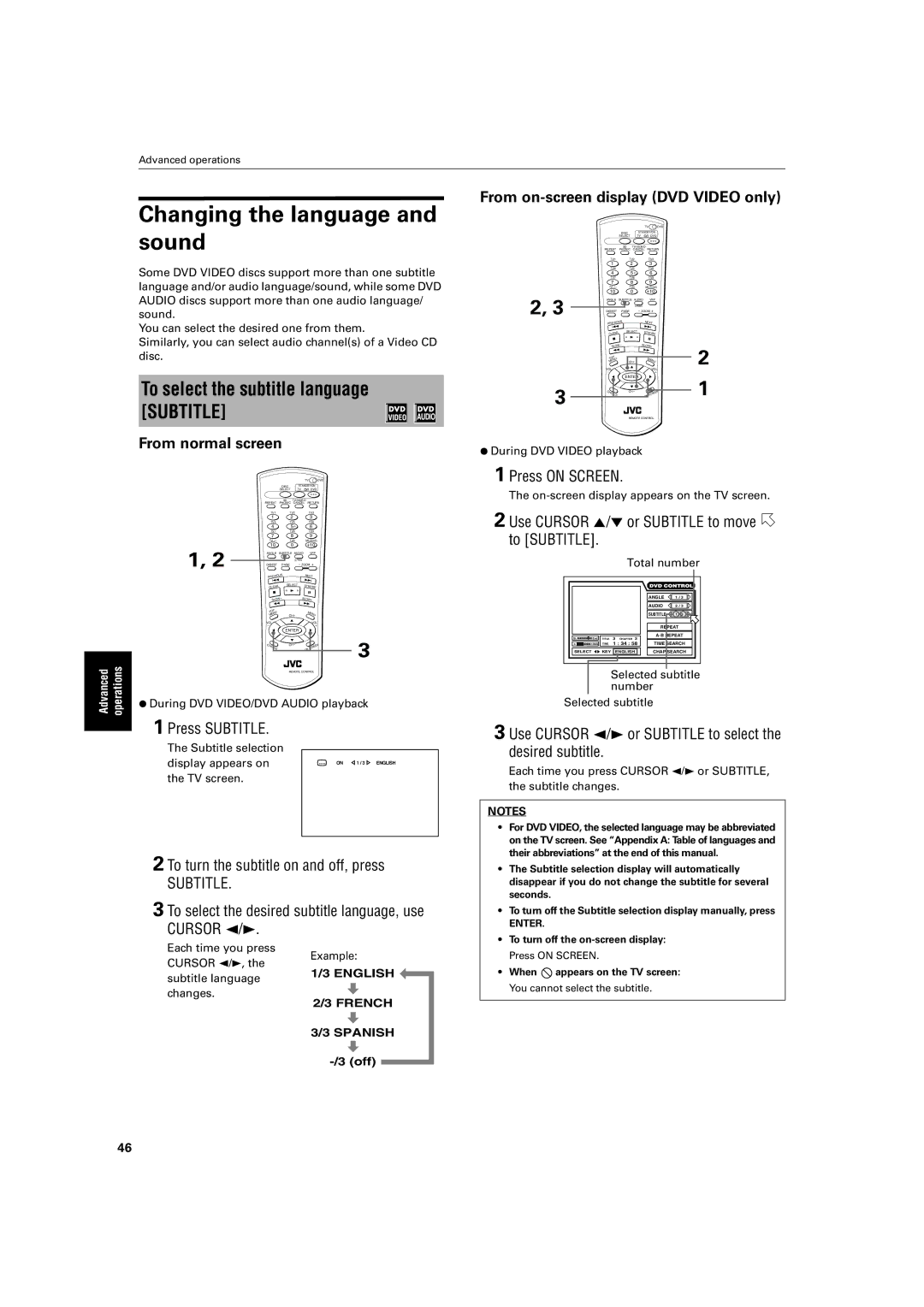 JVC XV-FA90BK, XV-FA92SL manual Changing the language and sound, To select the subtitle language Subtitle 