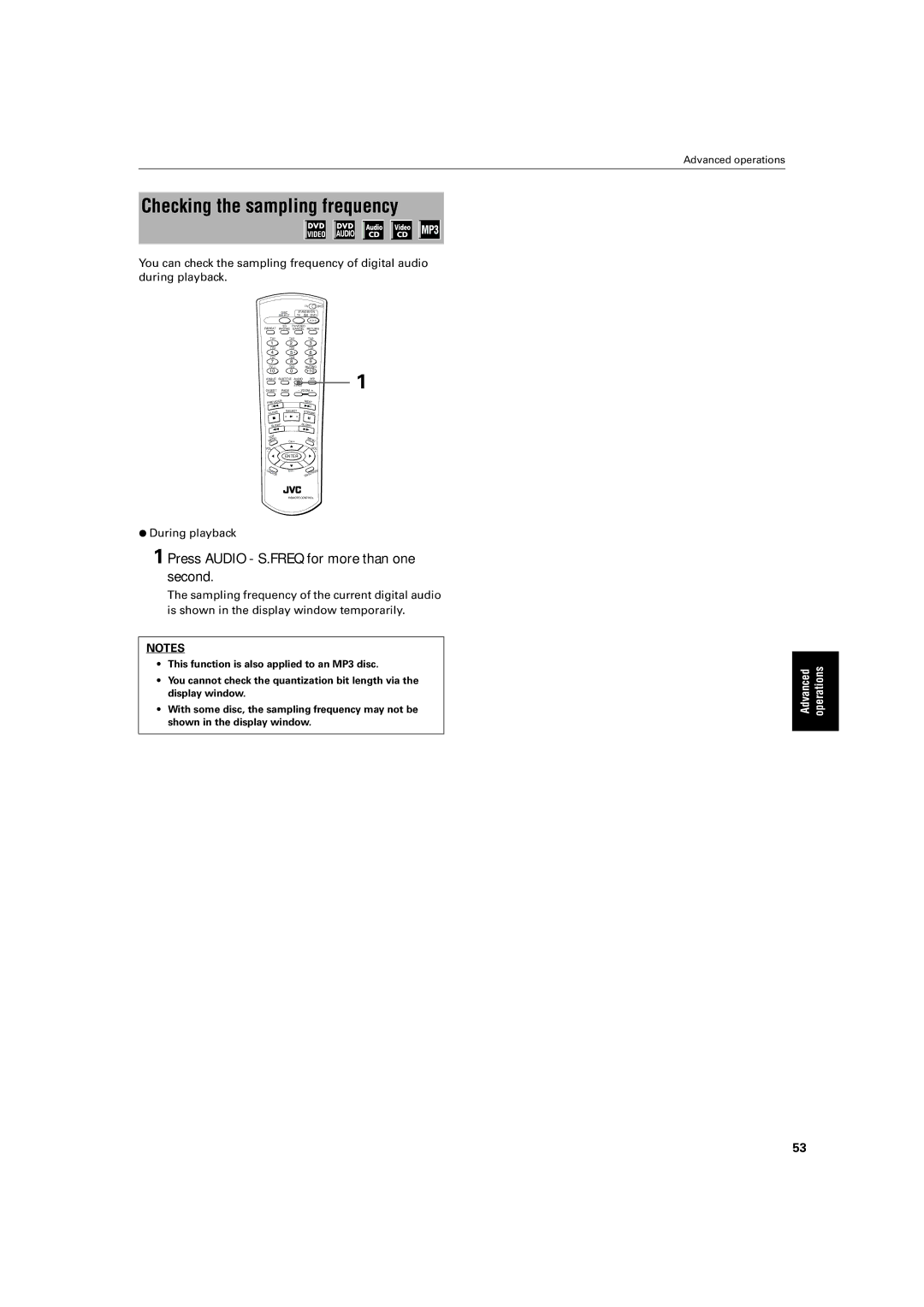 JVC XV-FA92SL, XV-FA90BK manual Checking the sampling frequency, Press Audio S.FREQ for more than one second 