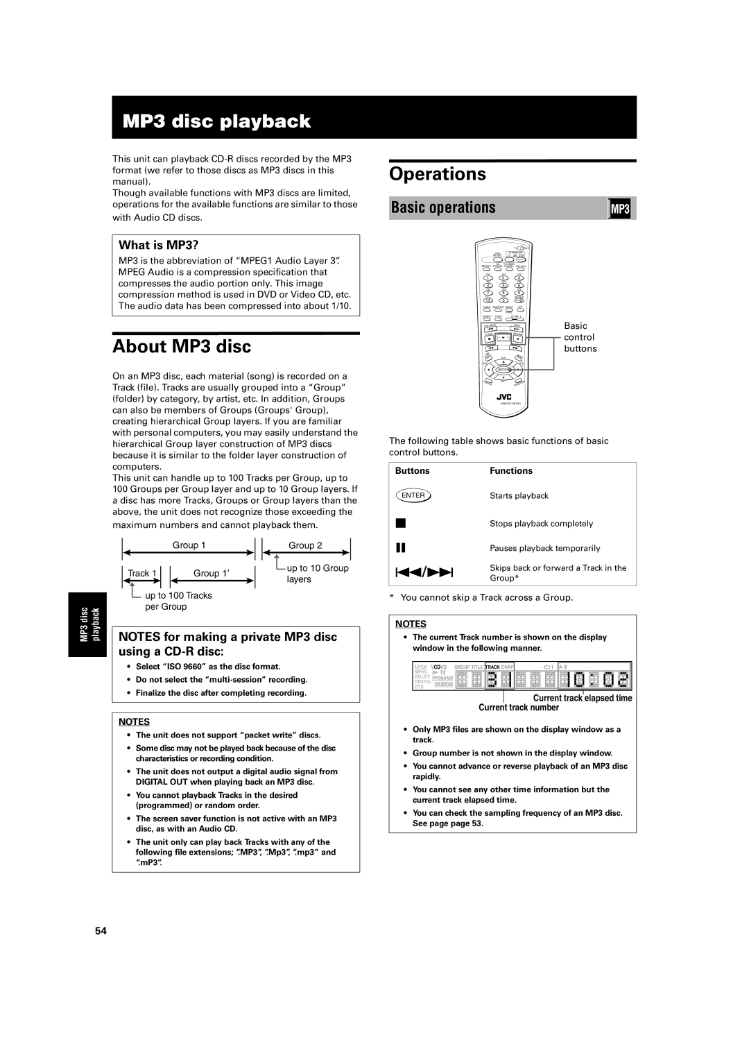 JVC XV-FA90BK, XV-FA92SL manual MP3 disc playback, About MP3 disc, Operations, Basic operations 