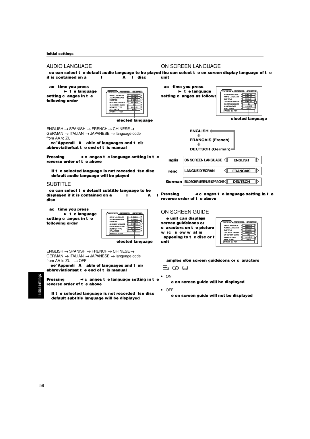 JVC XV-FA90BK, XV-FA92SL manual Selected language, Setting changes as follows, English, French, German 