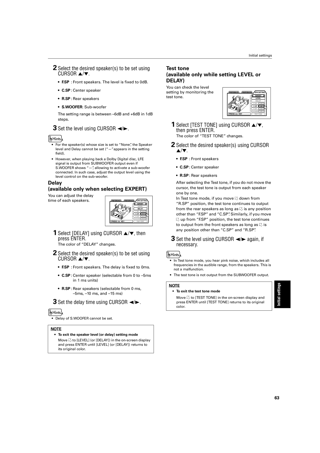 JVC XV-FA92SL, XV-FA90BK manual Test tone Available only while setting Level or, Delay Available only when selecting Expert 