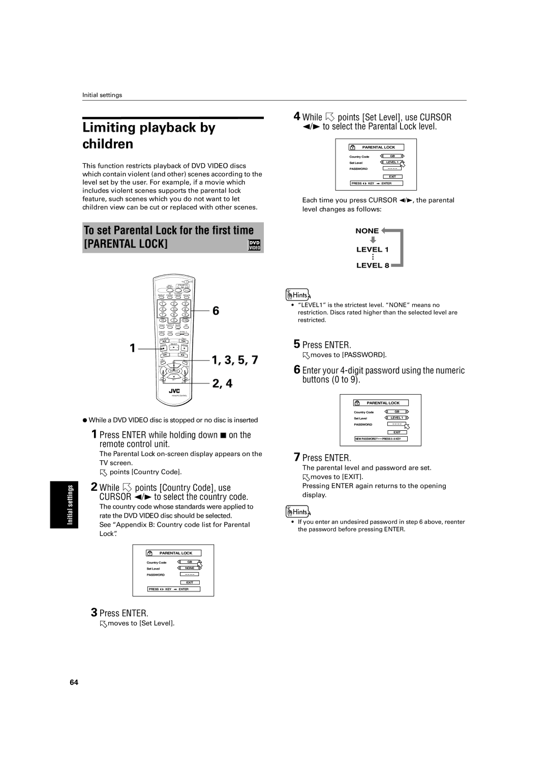 JVC XV-FA90BK, XV-FA92SL manual Limiting playback by children, To set Parental Lock for the first time 