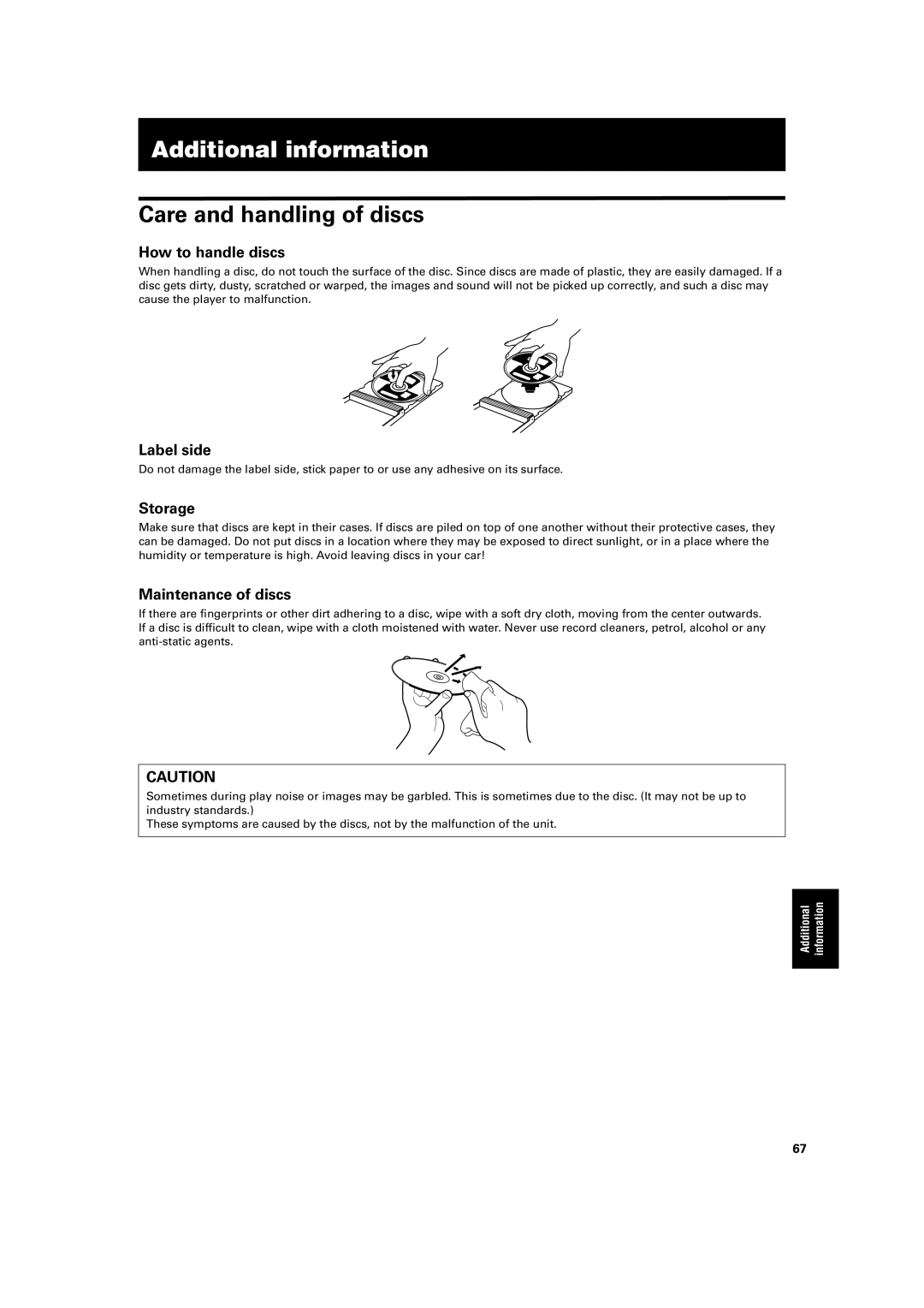 JVC XV-FA92SL, XV-FA90BK manual Additional information, Care and handling of discs 