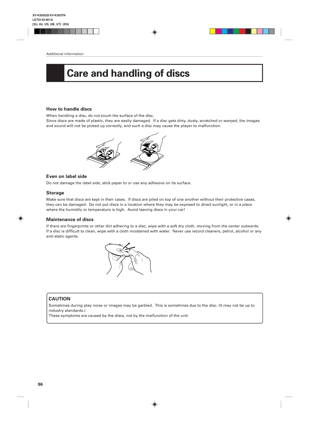 JVC XV-K505GD manual Care and handling of discs, How to handle discs, Even on label side, Storage, Maintenance of discs 