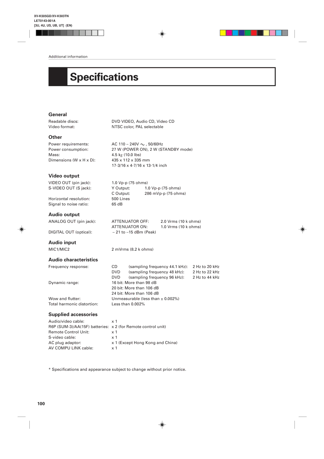 JVC XV-K505GD, XV-K503TN manual Specifications 