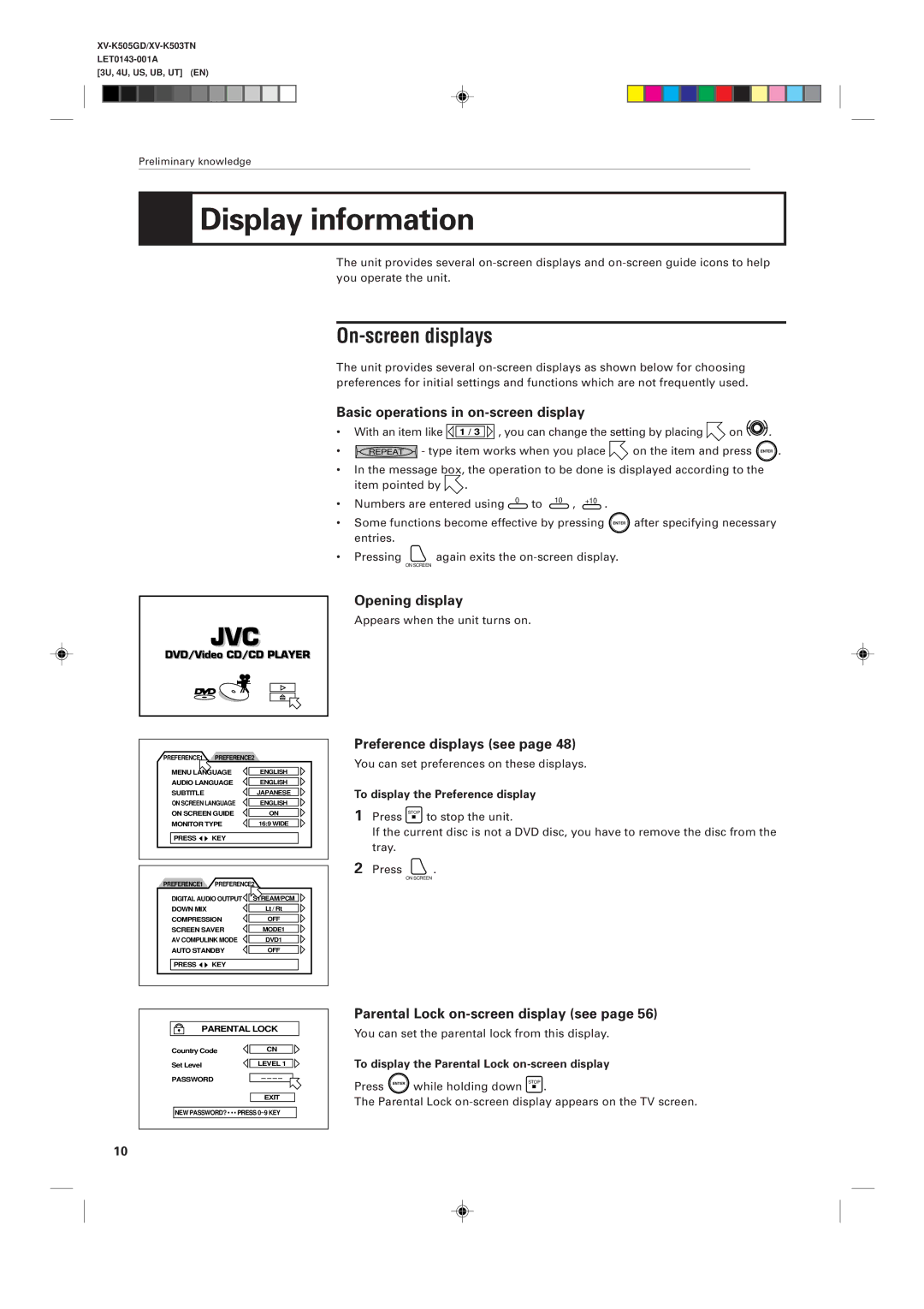 JVC XV-K505GD, XV-K503TN manual Display information, On-screen displays 