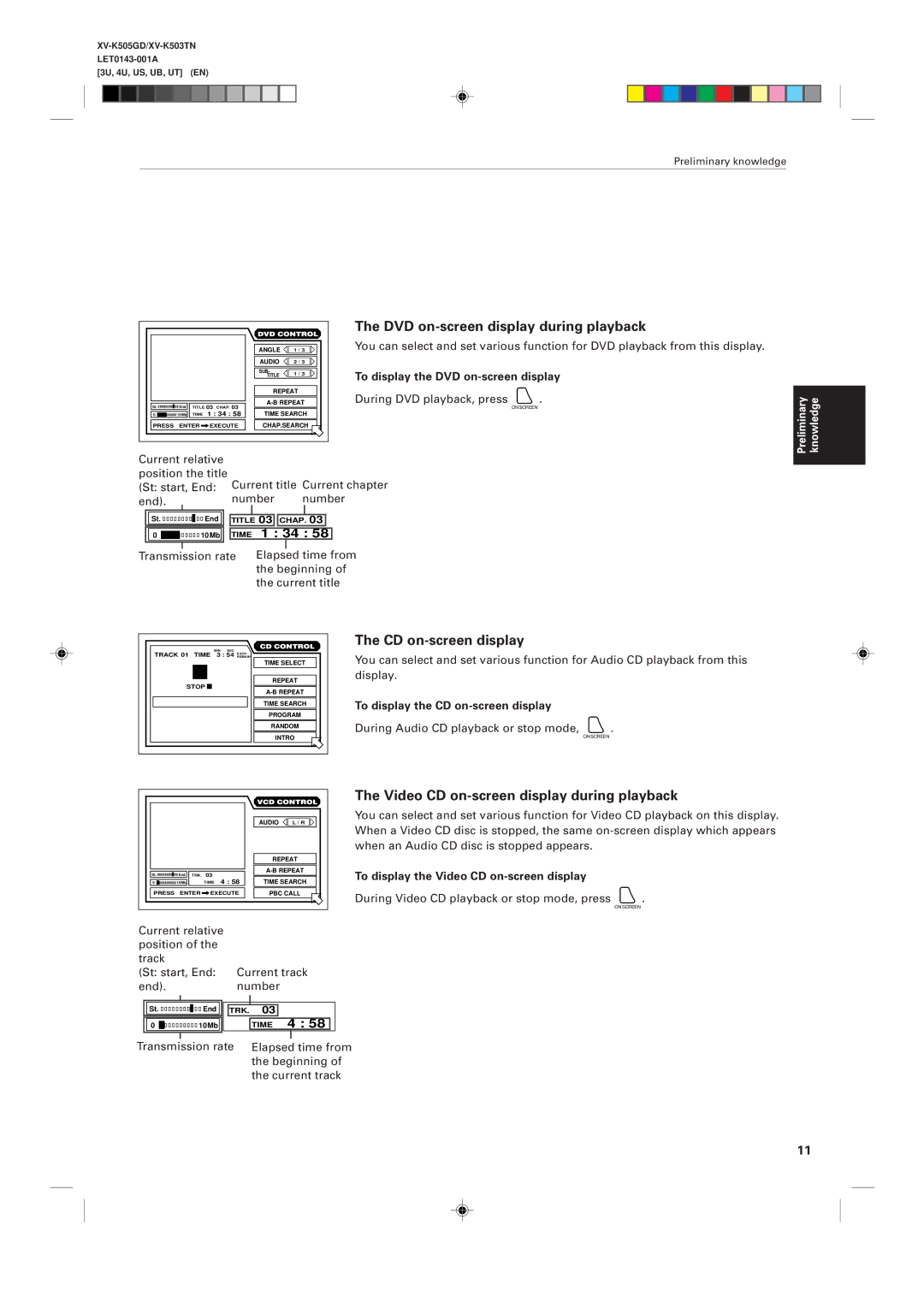 JVC XV-K503TN, XV-K505GD manual DVD on-screen display during playback, Video CD on-screen display during playback 