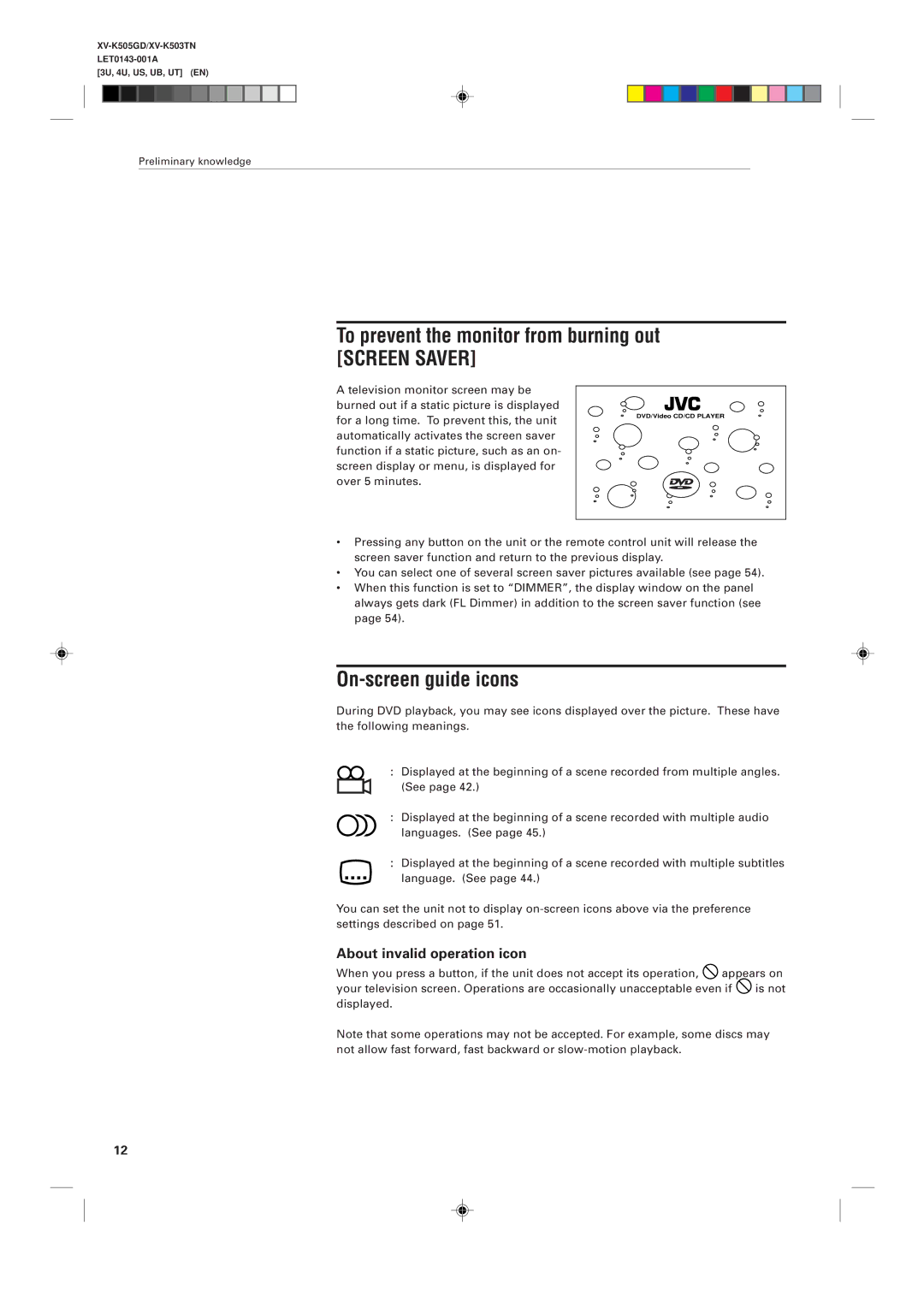 JVC XV-K505GD, XV-K503TN manual To prevent the monitor from burning out, On-screen guide icons, About invalid operation icon 