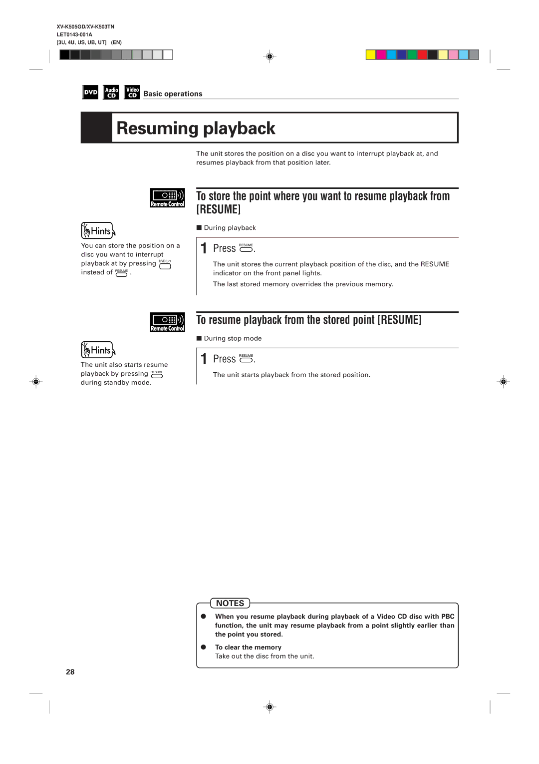 JVC XV-K505GD, XV-K503TN manual Resuming playback, To resume playback from the stored point Resume, Press Resume 