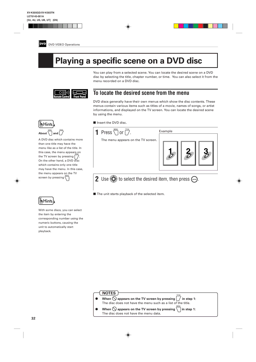 JVC XV-K505GD, XV-K503TN manual Playing a specific scene on a DVD disc, To locate the desired scene from the menu, Press 