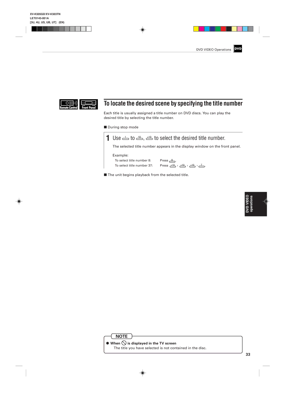 JVC XV-K503TN To locate the desired scene by specifying the title number, Unit begins playback from the selected title 