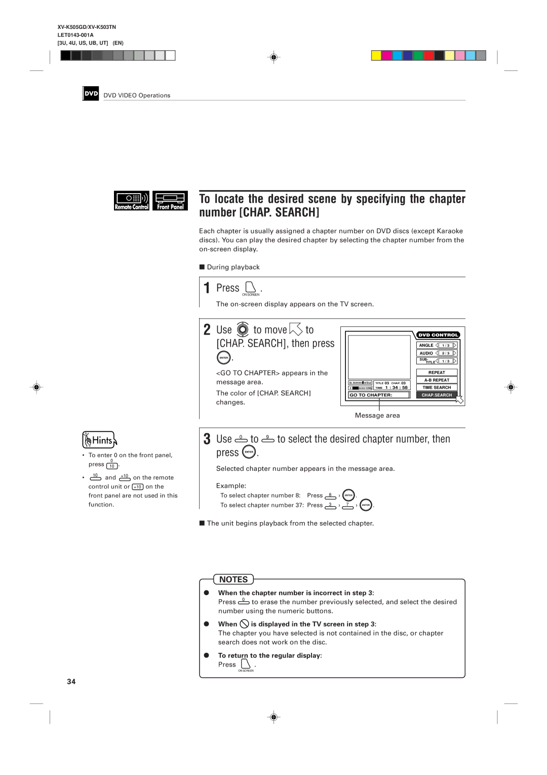 JVC XV-K505GD, XV-K503TN manual When the chapter number is incorrect in step, When is displayed in the TV screen in step 