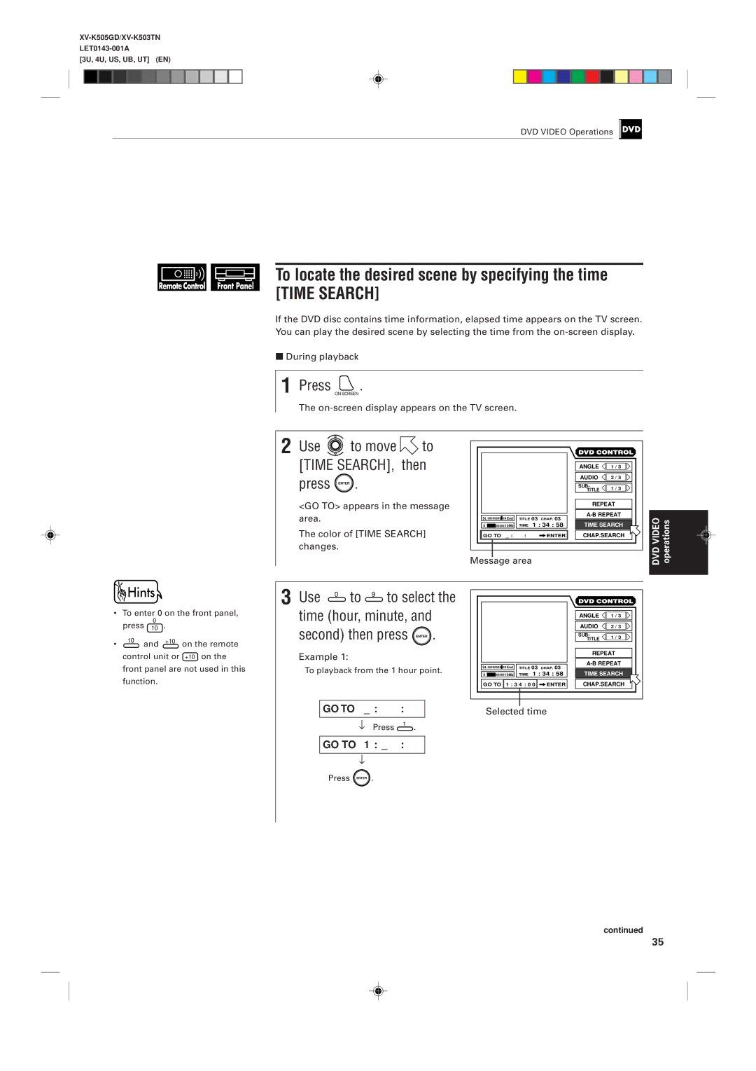 JVC XV-K503TN, XV-K505GD manual To locate the desired scene by specifying the time 