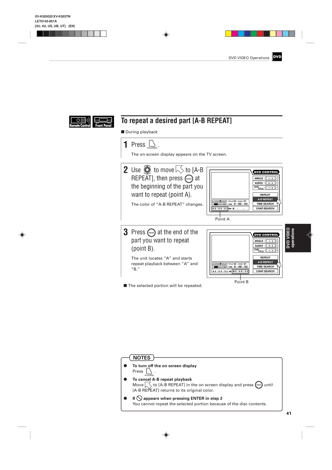 JVC XV-K503TN, XV-K505GD manual To repeat a desired part A-B Repeat, To cancel A-B repeat playback 