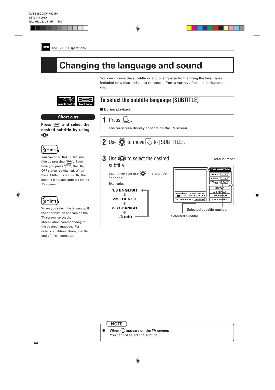 JVC XV-K505GD, XV-K503TN manual Changing the language and sound, To select the subtitle language Subtitle 