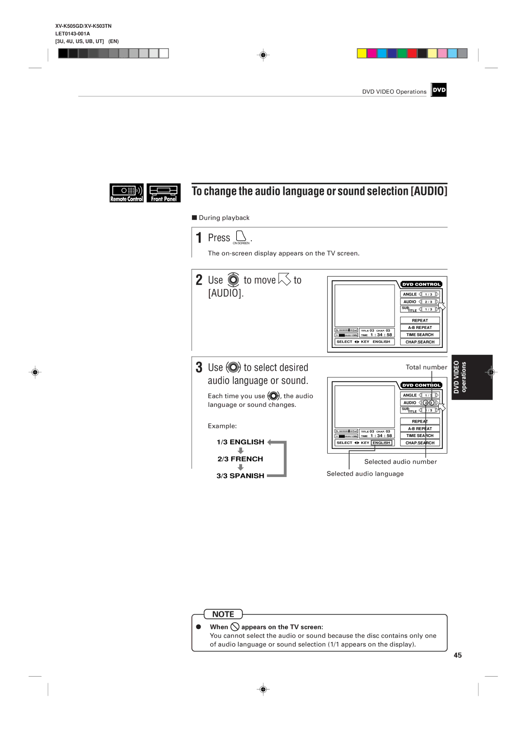 JVC XV-K503TN, XV-K505GD manual To change the audio language or sound selection Audio, Use to move Audio 